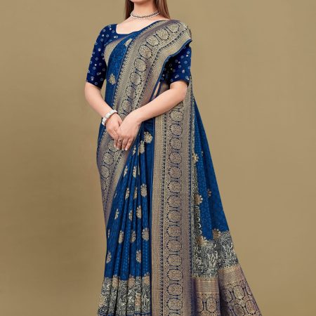 Lustrous Blue Satin Silk Saree with Bold Ikat Motifs and Refined Zari Woven Border Accents