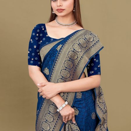 LustrousBlueSatinSilkSareewithBoldIkatMotifsandRefinedZariWovenBorderAccents-FiestaSilk70092Blue2