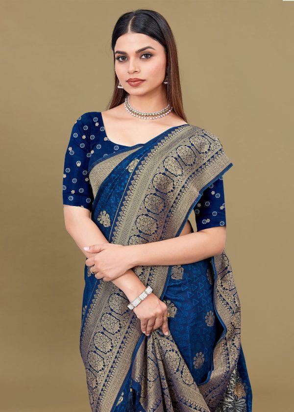 Lustrous Blue Satin Silk Saree with Bold Ikat Motifs and Refined Zari Woven Border Accents