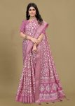 Mauve Pink Cotton Saree with Delicate Floral Prints, Foil Highlights, and Zari Woven Trim