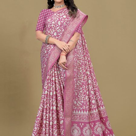 Mauve Pink Cotton Saree with Delicate Floral Prints, Foil Highlights, and Zari Woven Trim