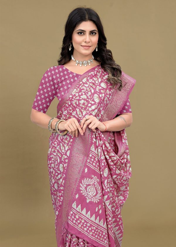 Mauve Pink Cotton Saree with Delicate Floral Prints, Foil Highlights, and Zari Woven Trim