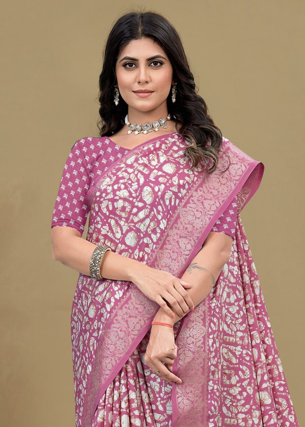 Mauve Pink Cotton Saree with Delicate Floral Prints, Foil Highlights, and Zari Woven Trim