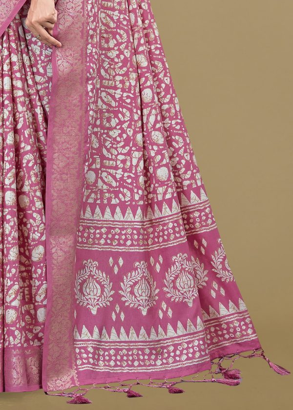 Mauve Pink Cotton Saree with Delicate Floral Prints, Foil Highlights, and Zari Woven Trim