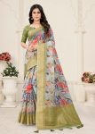 Multicolor Crushed Silk Saree with Digitally Printed Floral Patterns and Zari Embellished Border