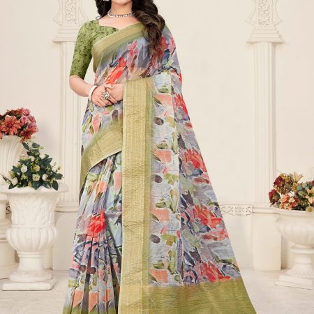 Multicolor Crushed Silk Saree with Digitally Printed Floral Patterns and Zari Embellished Border