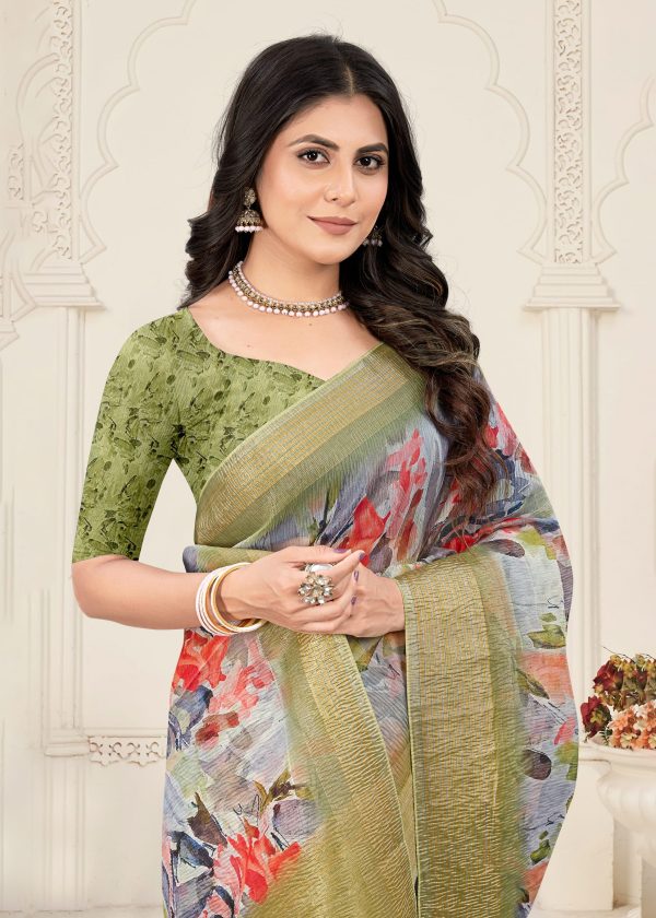 Multicolor Crushed Silk Saree with Digitally Printed Floral Patterns and Zari Embellished Border