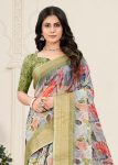 Multicolor Crushed Silk Saree with Digitally Printed Floral Patterns and Zari Embellished Border