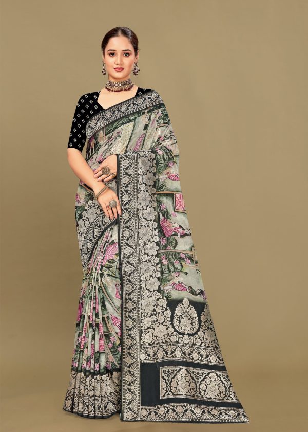 Multicolor Georgette Saree with Ethnic Digital Prints, Elegant Zari Woven Borders, and Butta