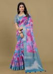 Multicolor Organza Saree with Artistic Abstract Patterns, Rich Zari Weave Border and Butta