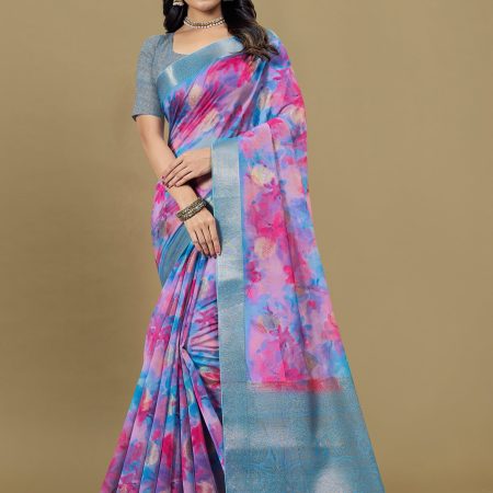 Multicolor Organza Saree with Artistic Abstract Patterns, Rich Zari Weave Border and Butta