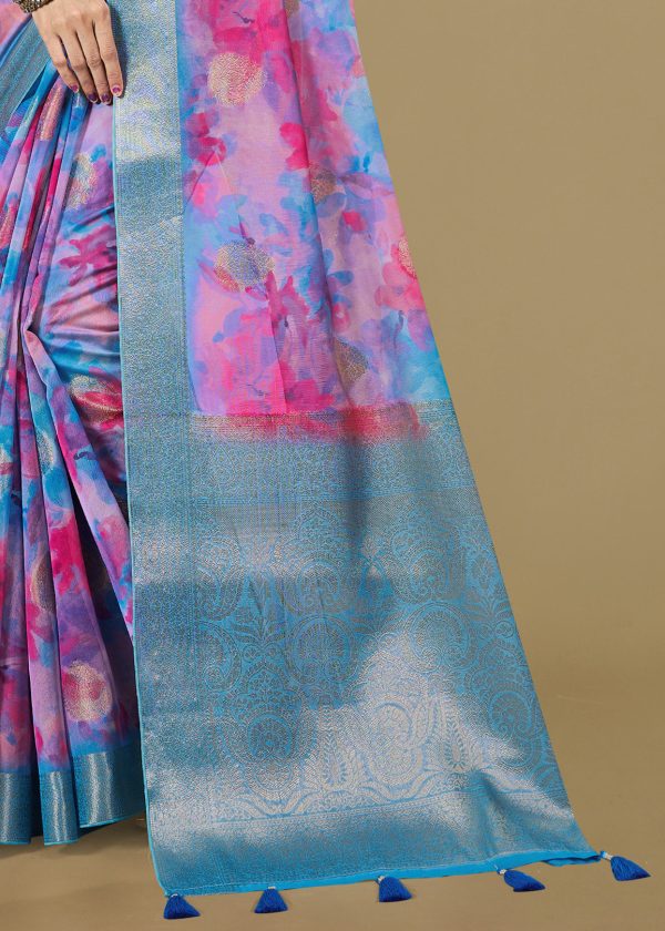 Multicolor Organza Saree with Artistic Abstract Patterns, Rich Zari Weave Border and Butta