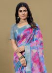 Multicolor Organza Saree with Artistic Abstract Patterns, Rich Zari Weave Border and Butta