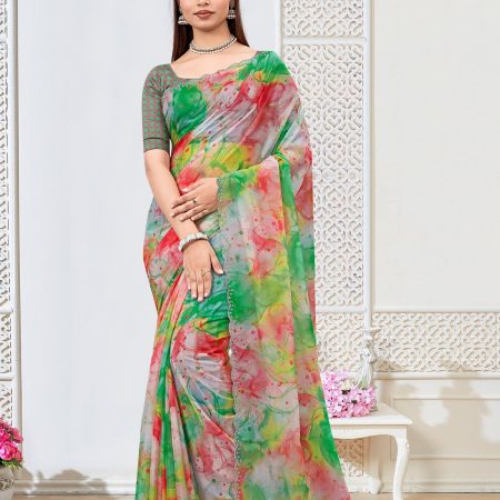 Multicolor Organza Saree with Digital Abstract Patterns and Stunning Stone-Embellished Border