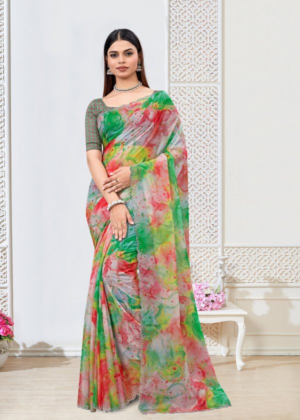 Multicolor Organza Saree with Digital Abstract Patterns and Stunning Stone-Embellished Border