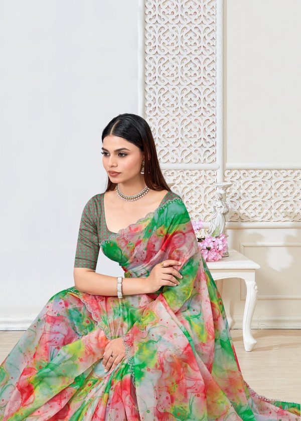 Multicolor Organza Saree with Digital Abstract Patterns and Stunning Stone-Embellished Border