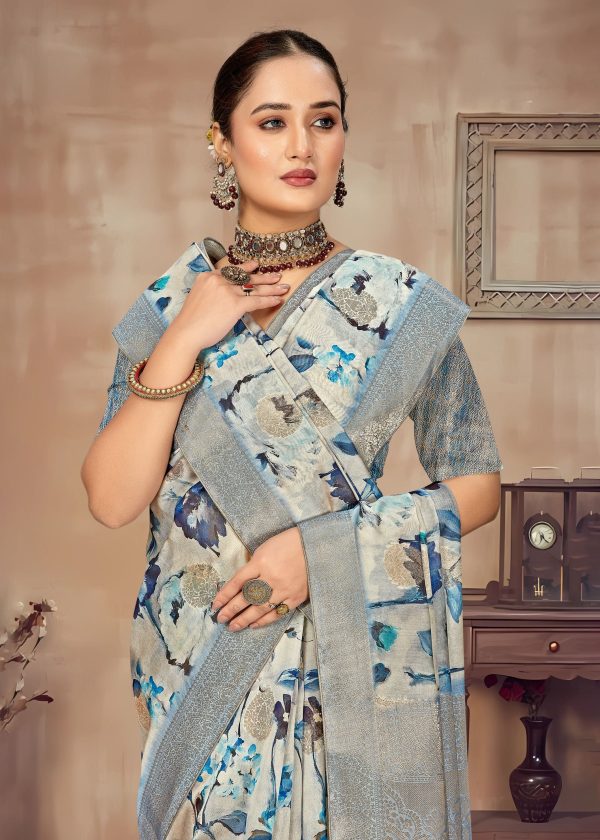 Multicolor Organza Saree with Floral Designs, Gleaming Zari Borders and Butta Work