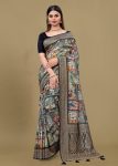 Multicolor Pure Satin Silk Saree with Artistic Ethnic Motif Prints and Radiant Zari Details