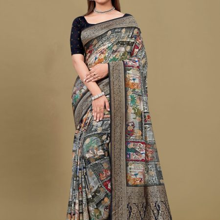 Multicolor Pure Satin Silk Saree with Artistic Ethnic Motif Prints and Radiant Zari Details