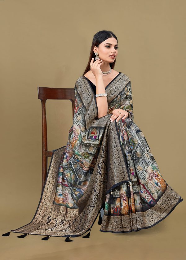 Multicolor Pure Satin Silk Saree with Artistic Ethnic Motif Prints and Radiant Zari Details