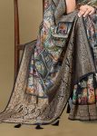 Multicolor Pure Satin Silk Saree with Artistic Ethnic Motif Prints and Radiant Zari Details