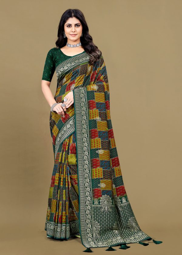 Multicolor Pure Tussar Silk Saree Featuring Ethnic Prints, Intricate Zari Border, and Butta Work