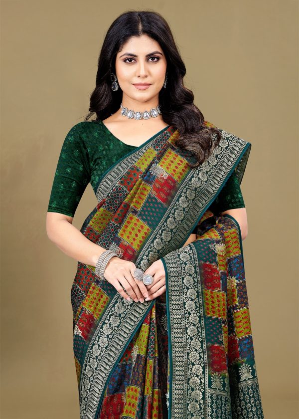 Multicolor Pure Tussar Silk Saree Featuring Ethnic Prints, Intricate Zari Border, and Butta Work