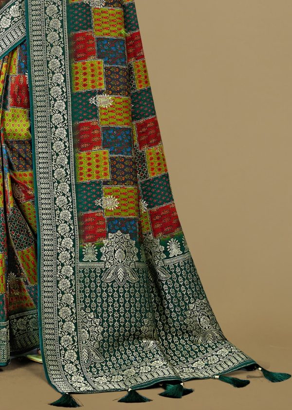 Multicolor Pure Tussar Silk Saree Featuring Ethnic Prints, Intricate Zari Border, and Butta Work