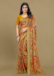 Multicolor Silk Georgette Saree with Ethnic Motifs Print, Embroidery, and Cutwork Border