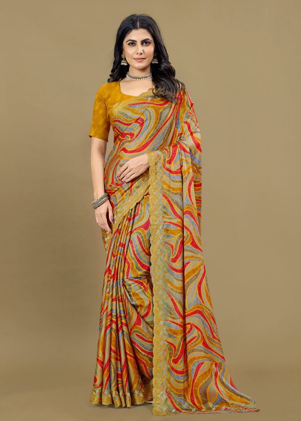 Multicolor Silk Georgette Saree with Ethnic Motifs Print, Embroidery, and Cutwork Border