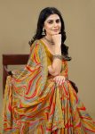 Multicolor Silk Georgette Saree with Ethnic Motifs Print, Embroidery, and Cutwork Border