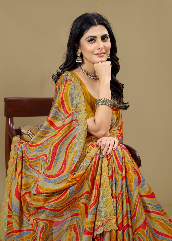 Multicolor Silk Georgette Saree with Ethnic Motifs Print, Embroidery, and Cutwork Border