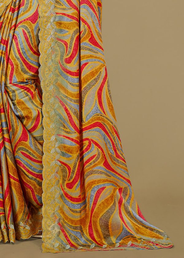 Multicolor Silk Georgette Saree with Ethnic Motifs Print, Embroidery, and Cutwork Border