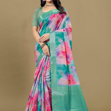 Organza Multicolor Saree with Abstract Motifs, Luxurious Zari Weaving Border and Rich Pallu