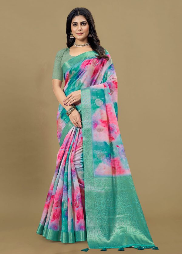 Organza Multicolor Saree with Abstract Motifs, Luxurious Zari Weaving Border and Rich Pallu