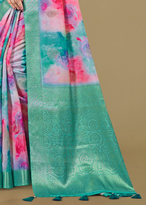 Organza Multicolor Saree with Abstract Motifs, Luxurious Zari Weaving Border and Rich Pallu