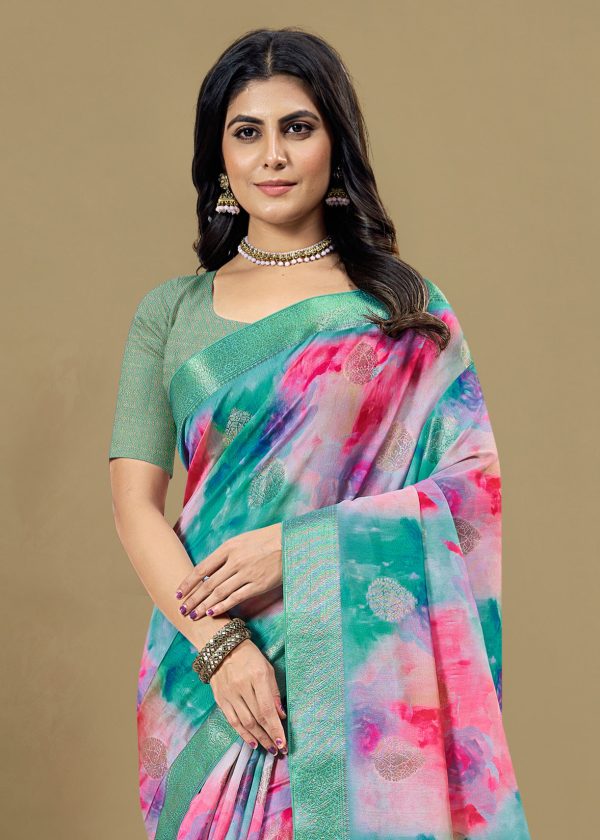 Organza Multicolor Saree with Abstract Motifs, Luxurious Zari Weaving Border and Rich Pallu