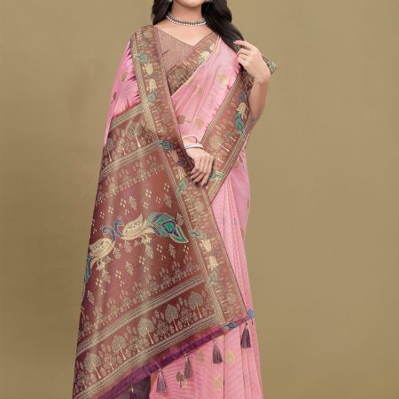 Peach Digital Printed Saree Featuring Ethnic Motifs, Zari Weaving Border, and Butti