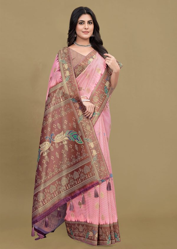 Peach Digital Printed Saree Featuring Ethnic Motifs, Zari Weaving Border, and Butti