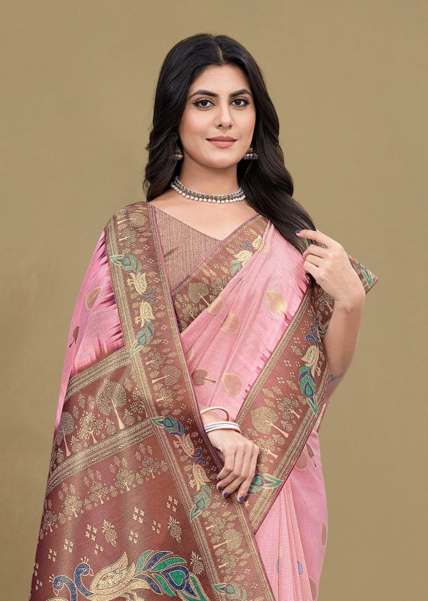 Peach Digital Printed Saree Featuring Ethnic Motifs, Zari Weaving Border, and Butti