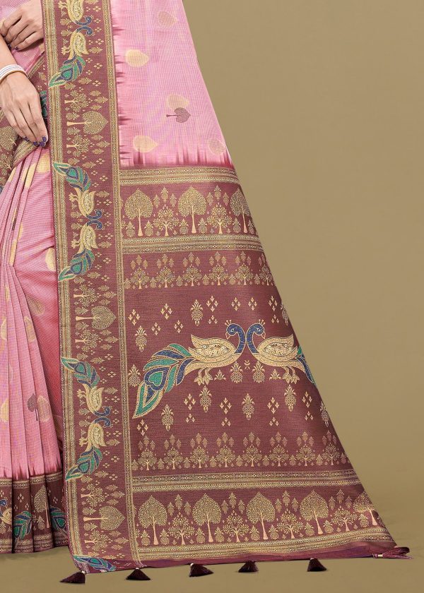 Peach Digital Printed Saree Featuring Ethnic Motifs, Zari Weaving Border, and Butti