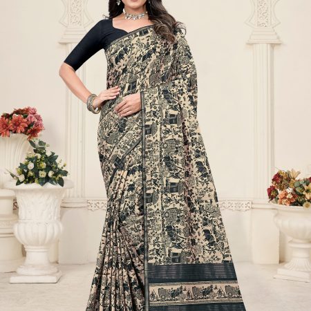 Pichwai Printed Beige Tussar Silk Saree Adorned with Zari Border and Chit Pallu