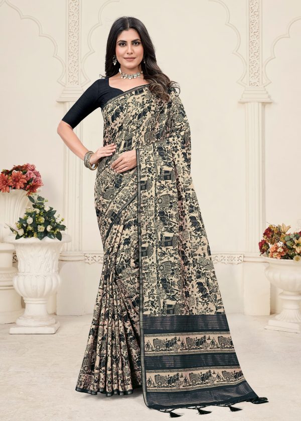 Pichwai Printed Beige Tussar Silk Saree Adorned with Zari Border and Chit Pallu