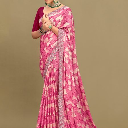 Pink Georgette Saree with Abstract Floral Print, Delicate Embroidery and Cutwork Border