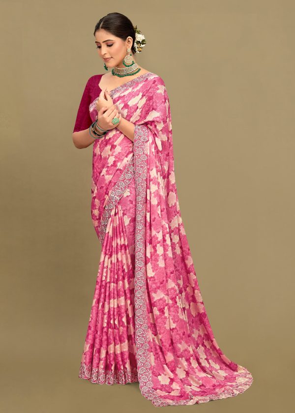 Pink Georgette Saree with Abstract Floral Print, Delicate Embroidery and Cutwork Border