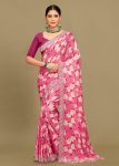 Pink Georgette Saree with Abstract Floral Print, Delicate Embroidery and Cutwork Border