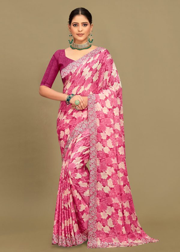 Pink Georgette Saree with Abstract Floral Print, Delicate Embroidery and Cutwork Border