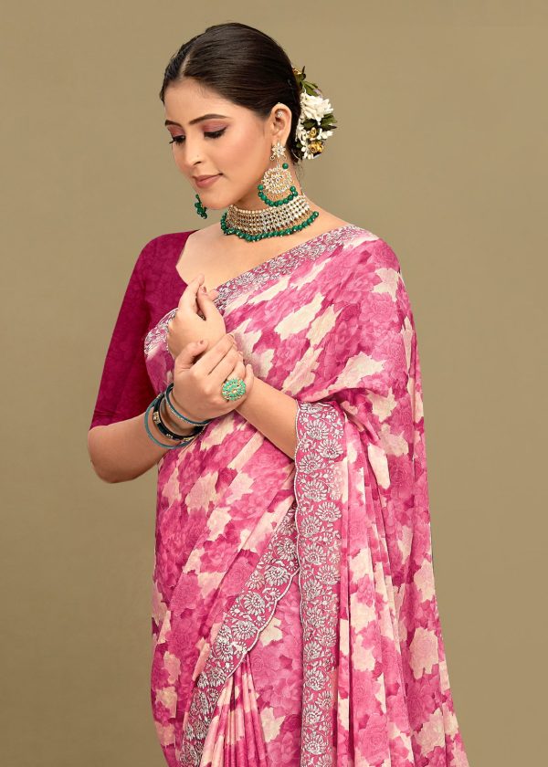 Pink Georgette Saree with Abstract Floral Print, Delicate Embroidery and Cutwork Border