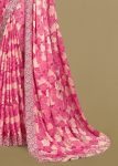 Pink Georgette Saree with Abstract Floral Print, Delicate Embroidery and Cutwork Border