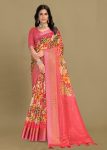 Pink Linen Silk Saree with Floral Patterns, Zari Weave Border, and Chit Pallu